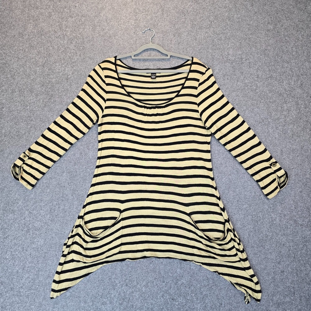 Cable & Gauge Asymmetric Handkerchief Dress Womens Large Black Yellow Striped